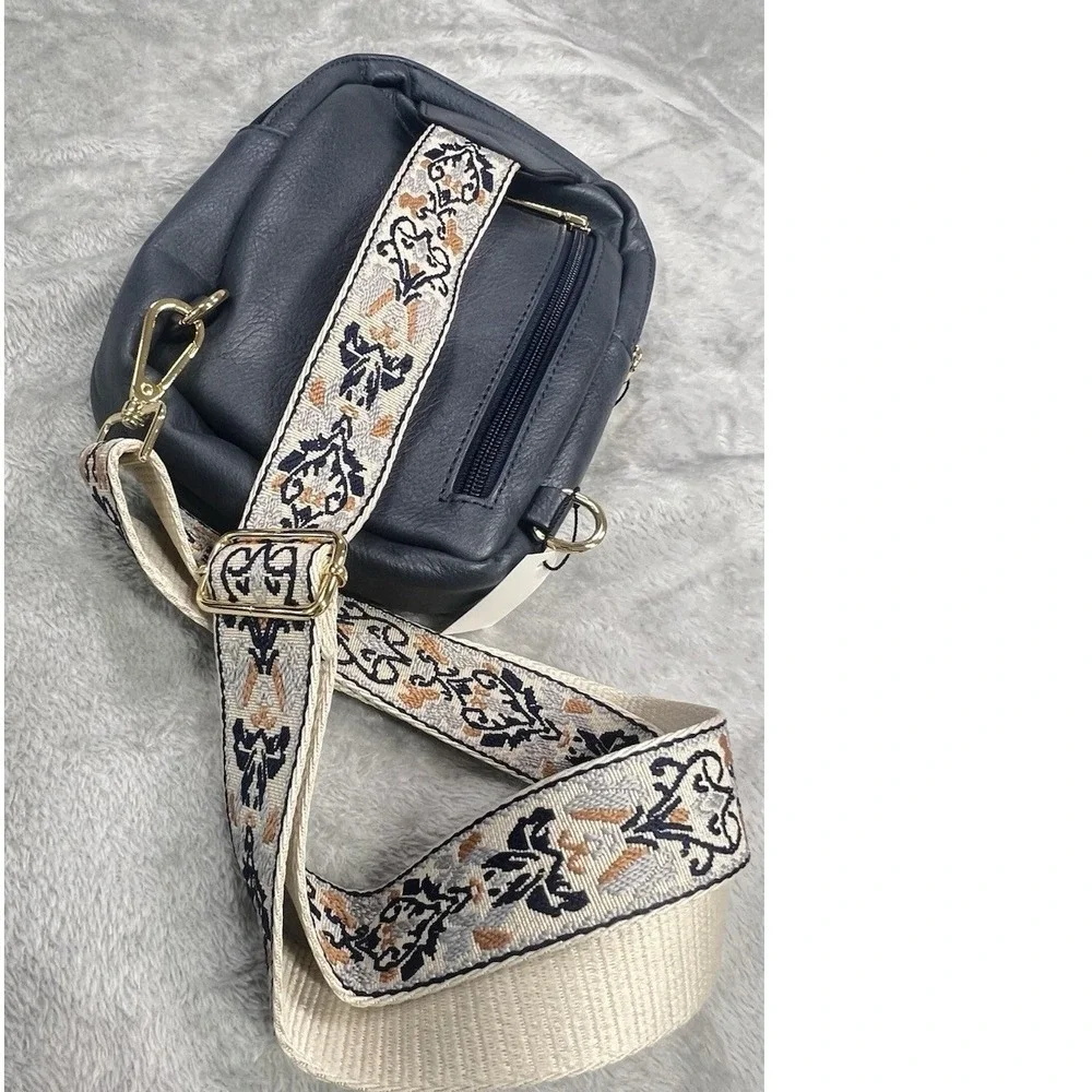 Bostanten Navy Quilted Sling‎ Crossbody with Embroidered Guitar Strap Boho